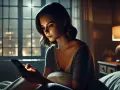 Une jeune femme, le cœur lourd, attend une réponse après avoir osé dire je t'aime. La nuit tombe sur la ville, reflétant son attente silencieuse.