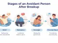 Les étapes d'un **attachement évitant** après une rupture : soulagement, puis solitude, nostalgie et enfin, une possible reconnexion.
