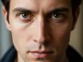 Gros plan sur le visage d'un homme, ses yeux verts fixent intensément, une expression captivante.