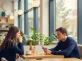 Une jeune femme songeuse, pensant "je suis jolie mais je ne plais pas aux hommes", face à un homme absorbé par son téléphone dans un café.