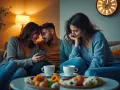 Un couple complice sur son téléphone, le **libido augmente**. À côté, une femme pensive, le regard perdu, une tasse de café à portée de main.
