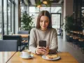 Une jeune femme consulte son téléphone dans un café, se demandant combien de temps attendre après un premier rendez-vous.