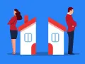 Un couple non cohabitant face à un problème : deux maisons séparées symbolisent leur distance.