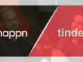 Deux hommes discutent, l'un sous le logo happn, l'autre sous le logo tinder. Lequel choisir pour trouver l'amour ?
