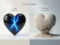 Cœur noir fissuré par des éclairs bleus et cœur en pierre s'effritant en sable. Deux dangers en amour, une crise éclatante et une érosion silencieuse, c'est perdre son temps en amour.