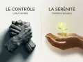 Deux mains en pierre brisée symbolisent le contrôle et l'anxiété. À côté, des mains douces protègent une jeune pousse lumineuse, invitant à apprendre à aimer la sérénité.
