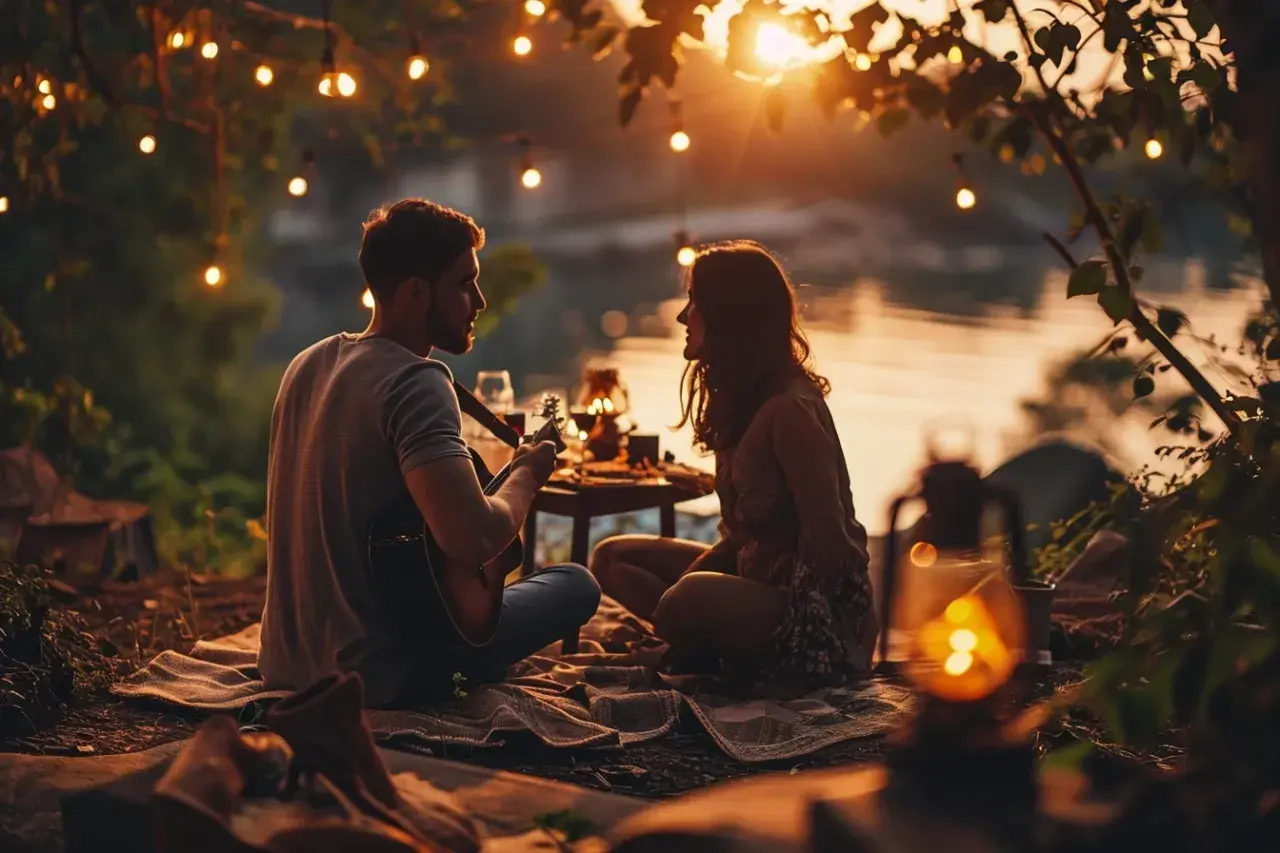 Un couple mature partage un moment romantique au bord de l'eau, éclairé par des guirlandes lumineuses et des lanternes. L'homme joue de la guitare pour sa compagne.