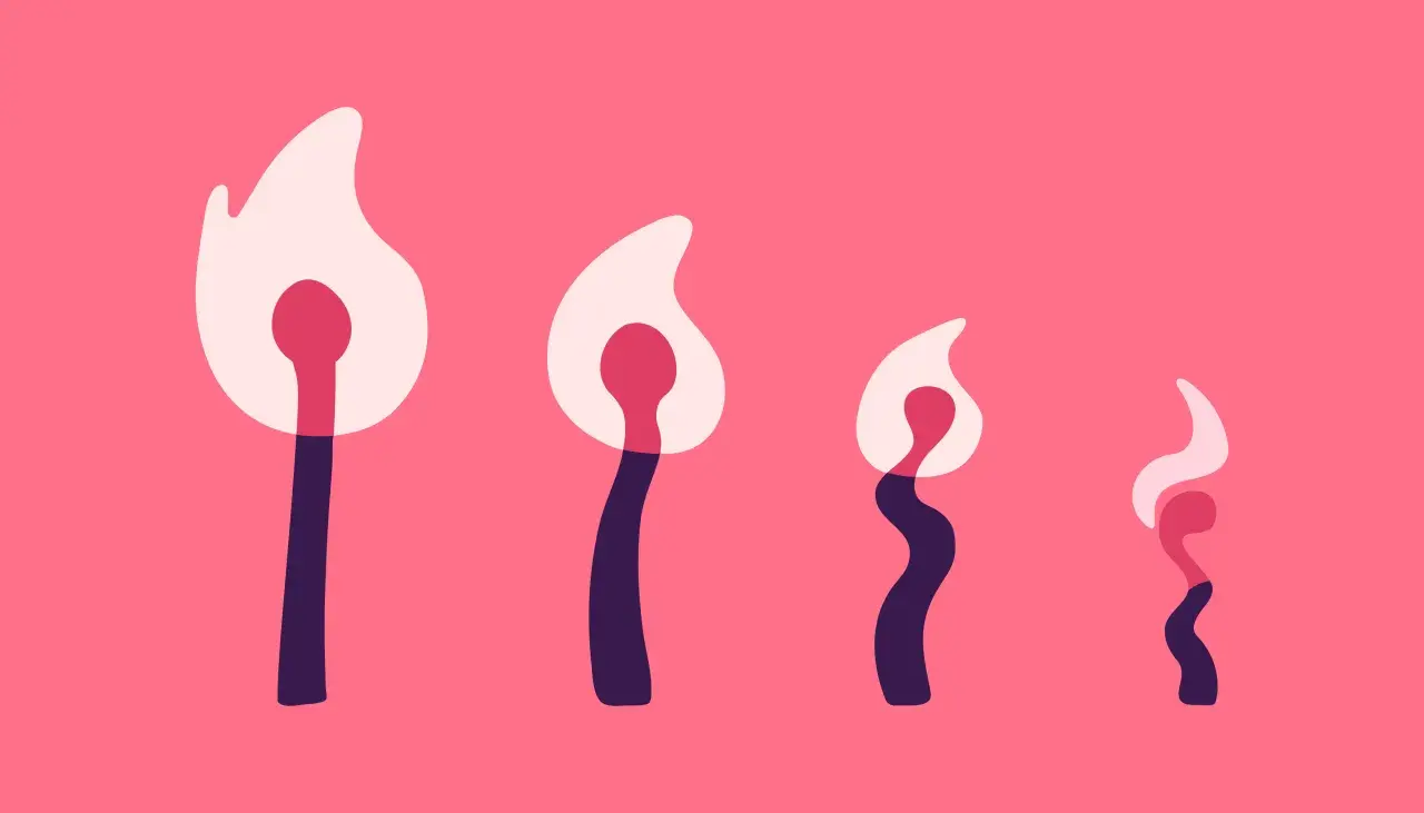 Allumettes stylisées sur fond rose, certaines en pleine flamme, d'autres s'éteignant. Une métaphore visuelle de l'envie de sexe qui s'embrase puis s'apaise.