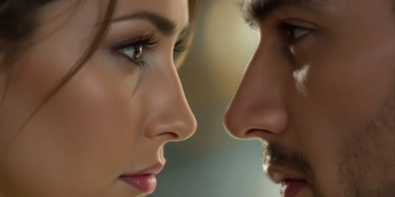 Un homme et une femme se regardent intensément, leurs visages très proches. Il regarde ma bouche, signification d'un désir naissant.