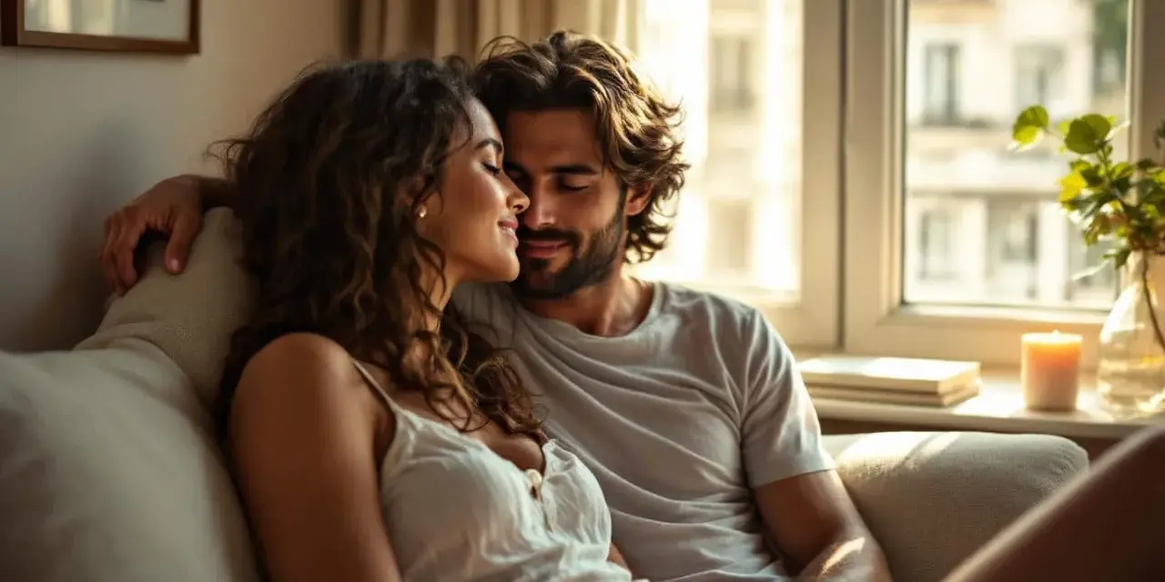 Un couple intime, la lumière douce caresse leurs visages, une scène évoquant la complicité et la libido.