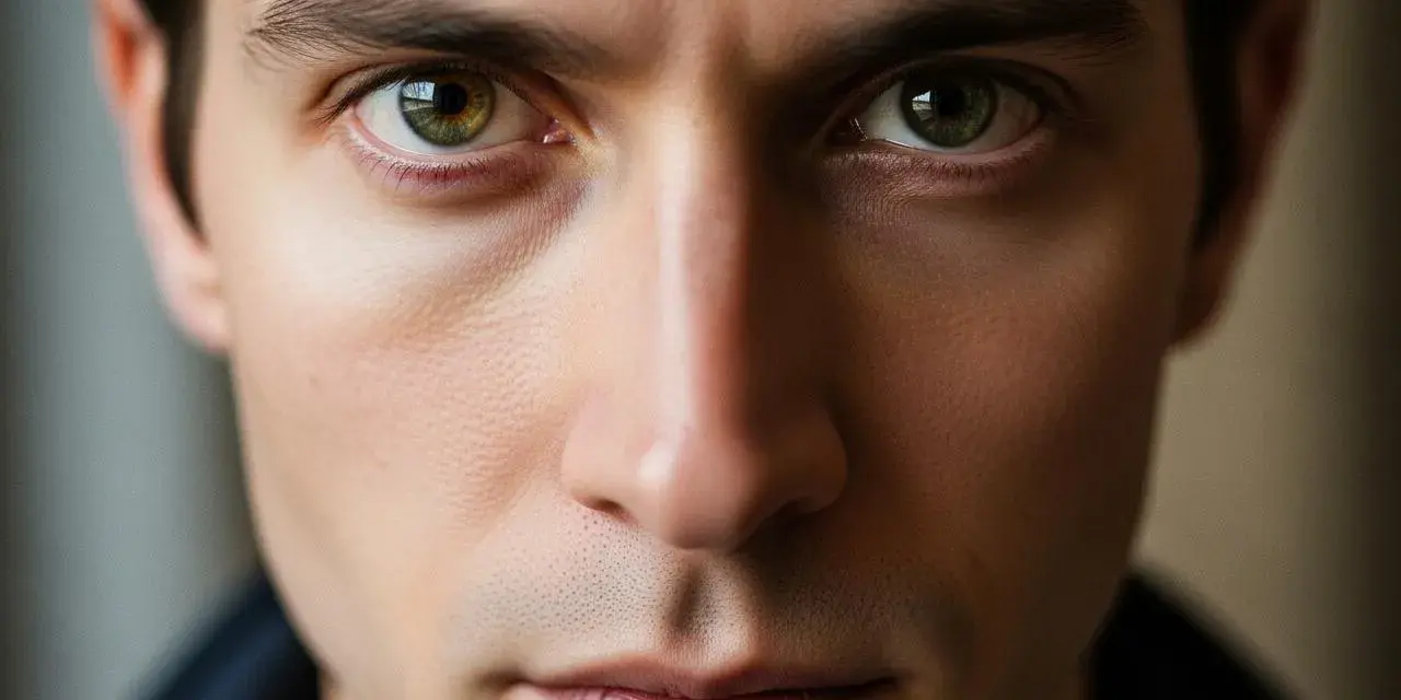 Gros plan sur le visage d'un homme, ses yeux verts fixent intensément, une expression captivante.