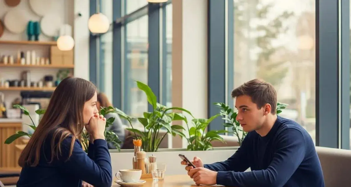 Une jeune femme songeuse, pensant "je suis jolie mais je ne plais pas aux hommes", face à un homme absorbé par son téléphone dans un café.