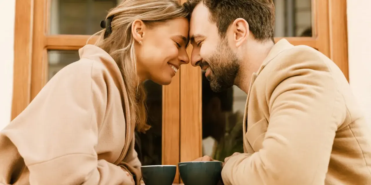Un couple partage un moment intime, leurs fronts se touchant, illustrant l'effet miroir en amour. Deux tasses de café attendent sur la table.
