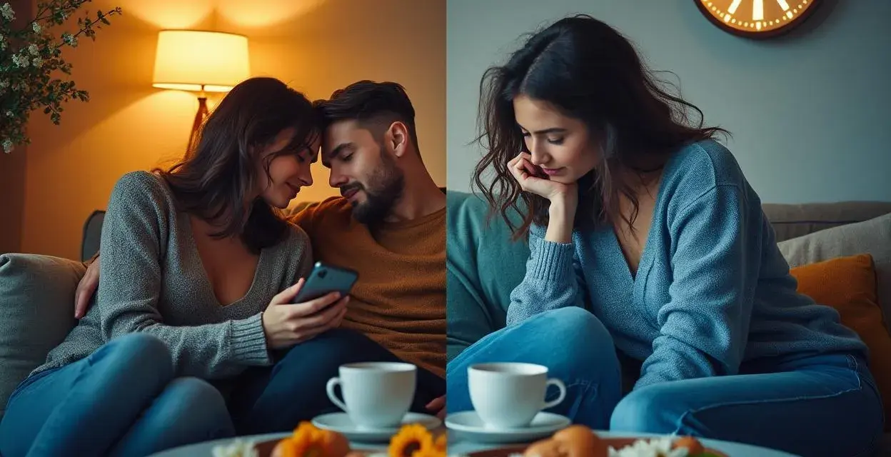 Un couple complice sur son téléphone, le **libido augmente**. À côté, une femme pensive, le regard perdu, une tasse de café à portée de main.