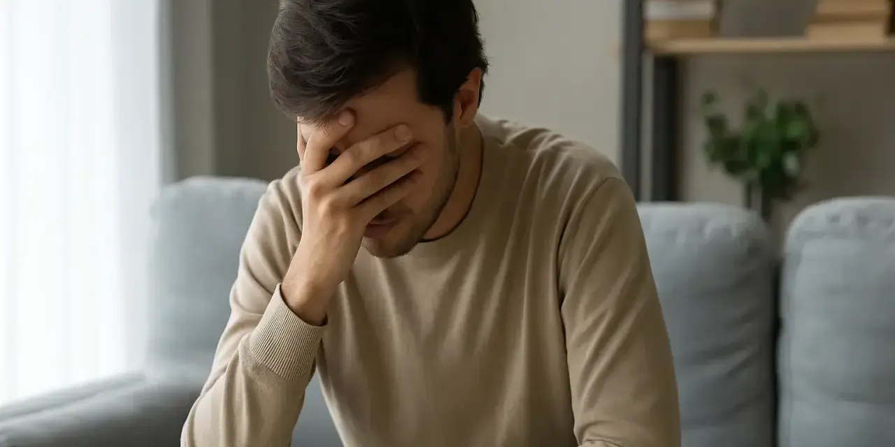 Un homme, le visage caché dans ses mains, semble accablé. Il se dit que tu n'as pas de temps pour moi.