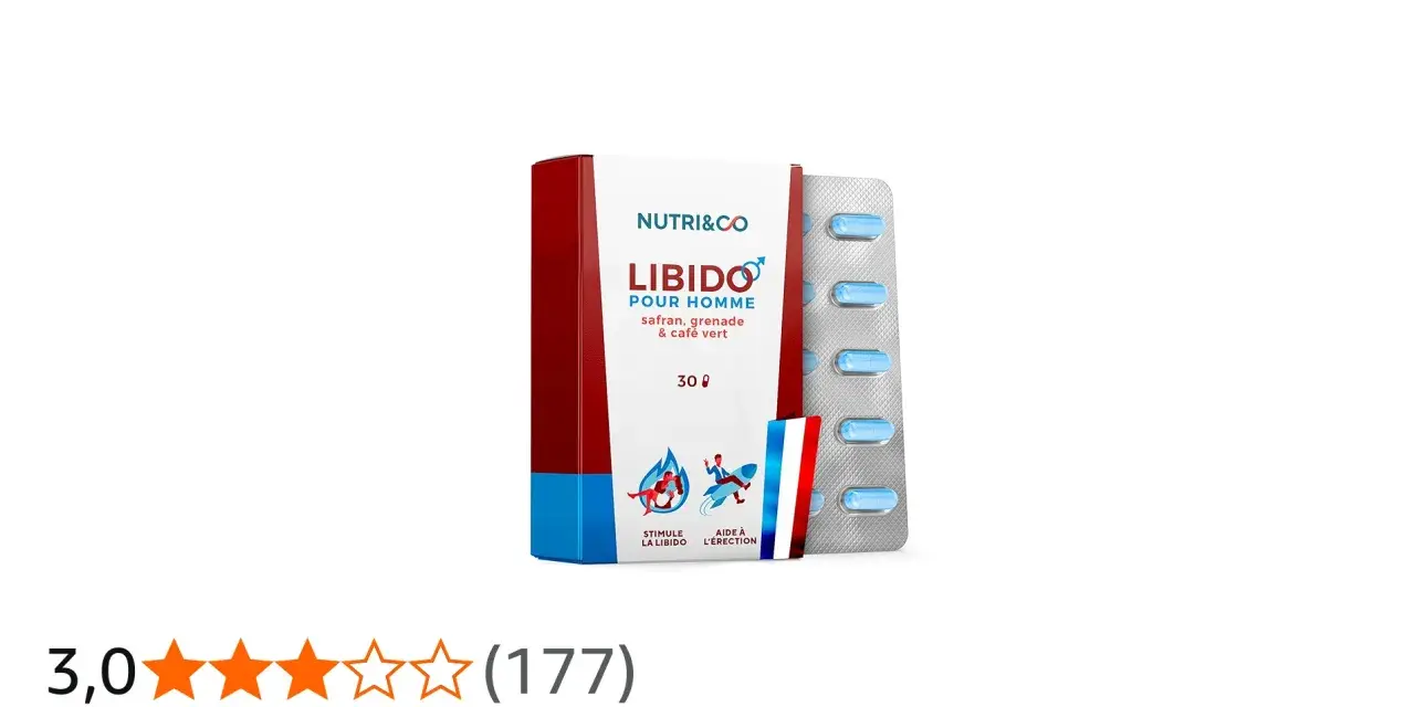 Boîte de "Libido pour Homme" de Nutri&Co, une vitamine pour augmenter la libido chez l'homme, avec sa plaquette de gélules bleues.