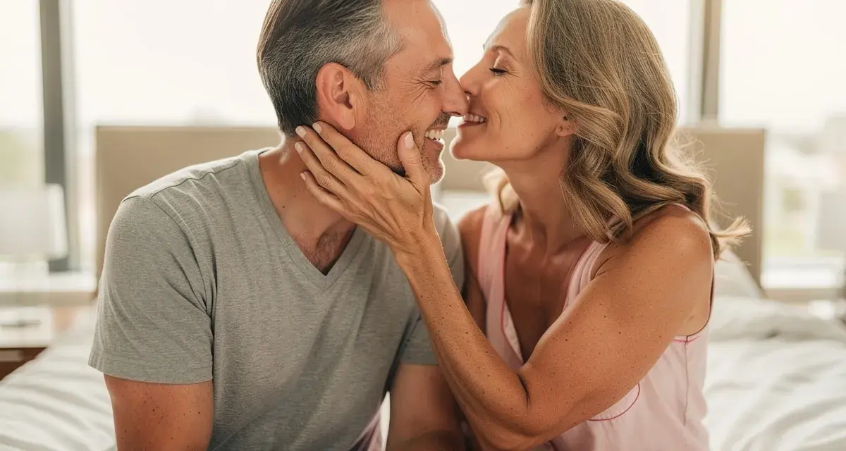 Un couple s'embrasse tendrement, un moment intime qui éveille le désir. Comment avoir envie de faire l'amour ? La connexion et la complicité.
