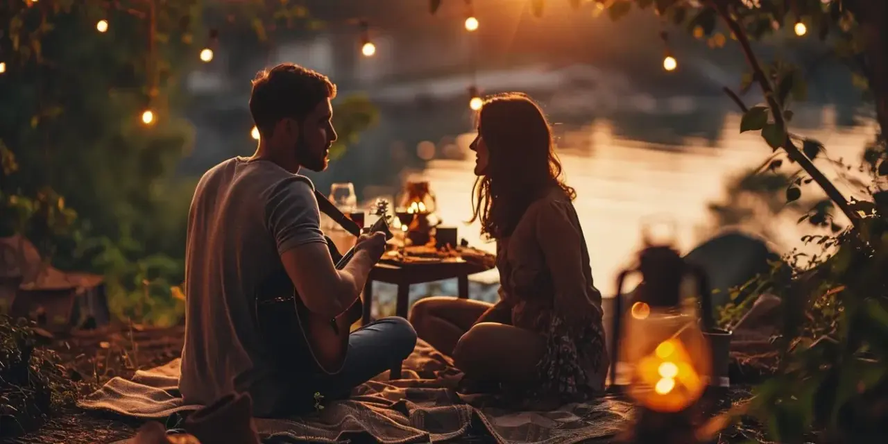 Un couple mature partage un moment romantique au bord de l'eau, éclairé par des guirlandes lumineuses et des lanternes. L'homme joue de la guitare pour sa compagne.