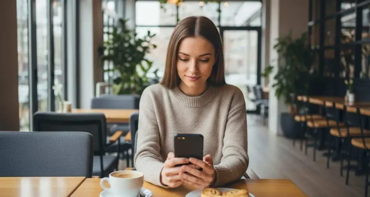 Une jeune femme consulte son téléphone dans un café, se demandant combien de temps attendre après un premier rendez-vous.