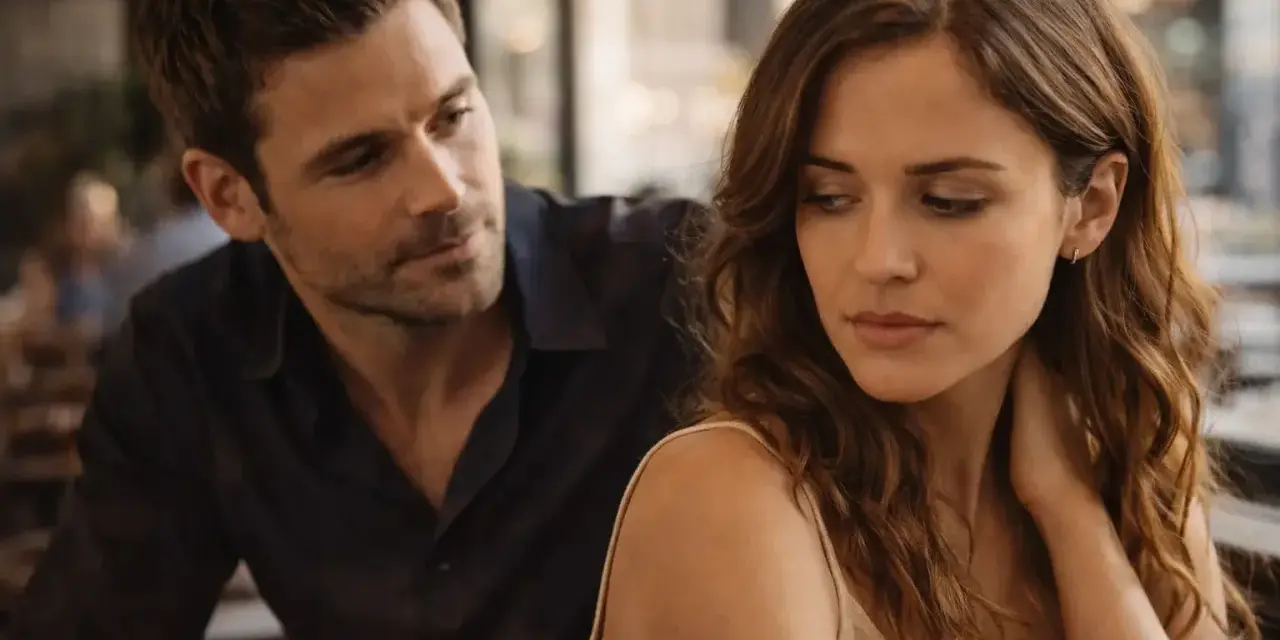 Un homme regarde une femme avec une expression intense, tandis qu'elle détourne le regard, illustrant les différents regards et leurs significations dans une conversation silencieuse.