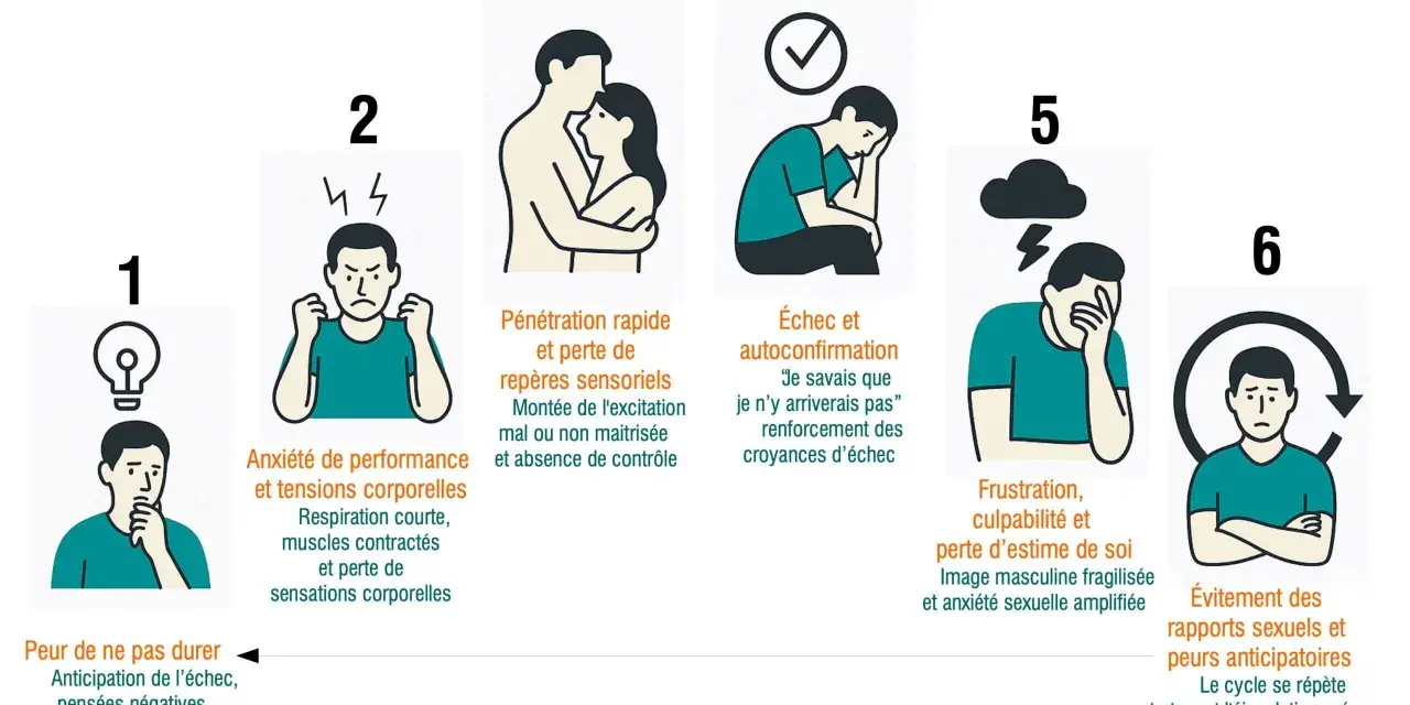 Schéma illustrant le cercle vicieux de l'éjaculation précoce. Un homme excité ressent de l'anxiété, puis une frustration, menant à l'évitement.