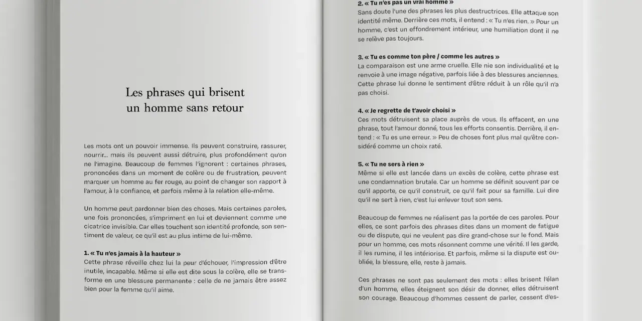 Chapitre 3 : Comprendre les sous-entendus des hommes. Les mots peuvent détruire. Ce texte explore les phrases qui blessent profondément un homme, affectant son identité et sa valeur.