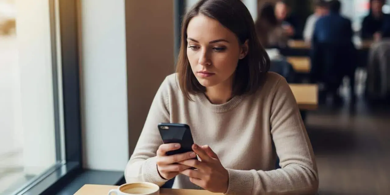Femme pensive au café, son téléphone à la main. Elle se demande comment savoir si un homme voit plusieurs femmes, cherchant des indices dans ses messages.
