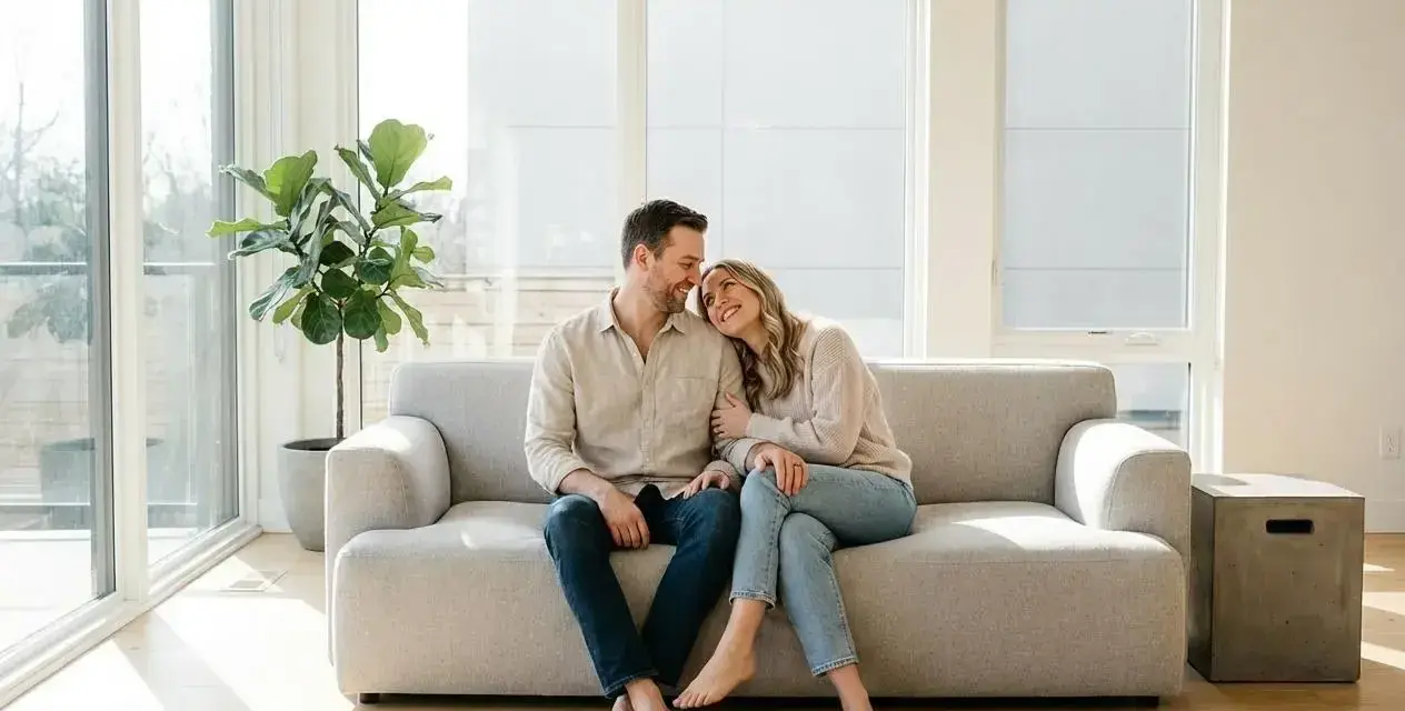 Couple complice sur un canapé, profitant d'un moment de tendresse. Le manque d'intimité dans le couple est ici absent, remplacé par une connexion palpable.