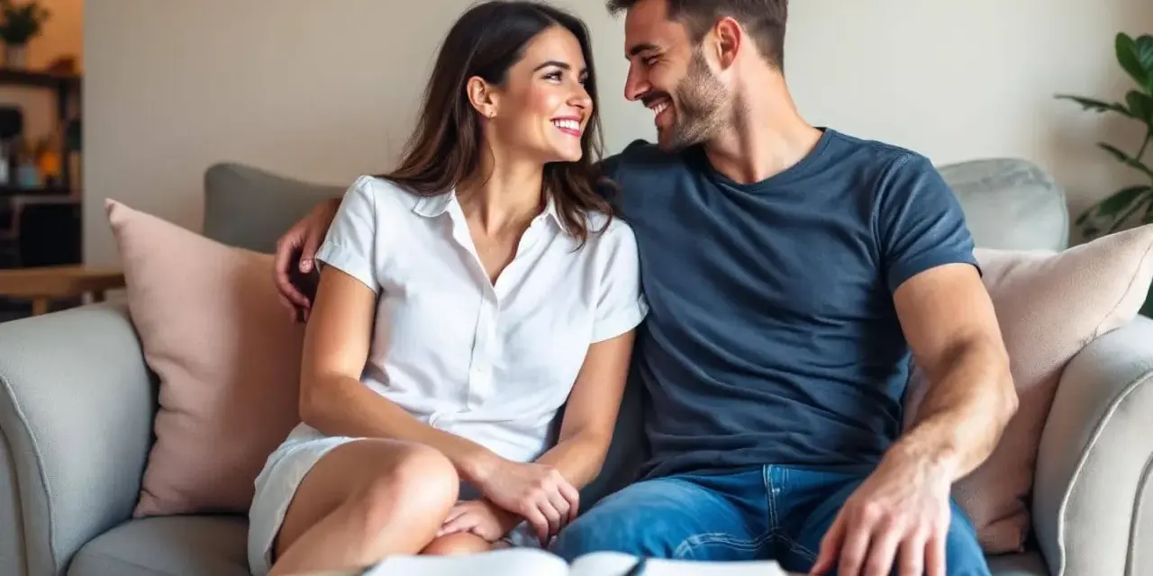 Un couple complice se regarde tendrement sur un canapé, un livre ouvert devant eux. Leurs sourires et regards complices semblent faire monter le désir.