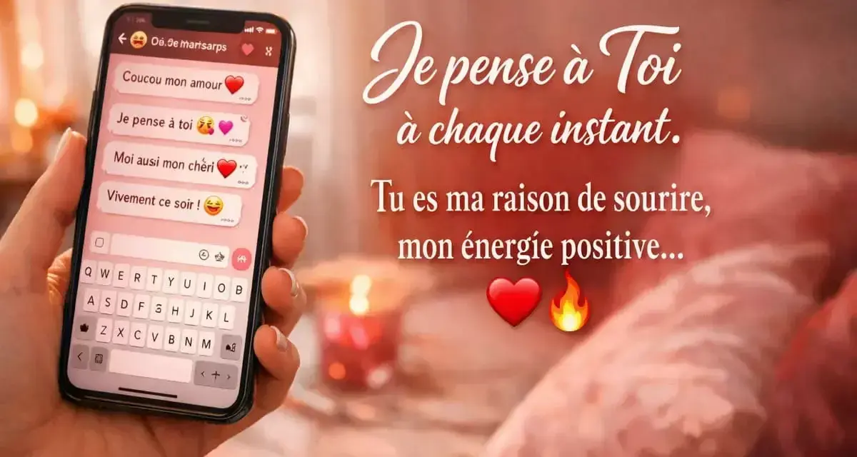 Un téléphone affiche des SMS romantiques, dont un "Vivement ce soir !" pour confirmer un rendez-vous amoureux.