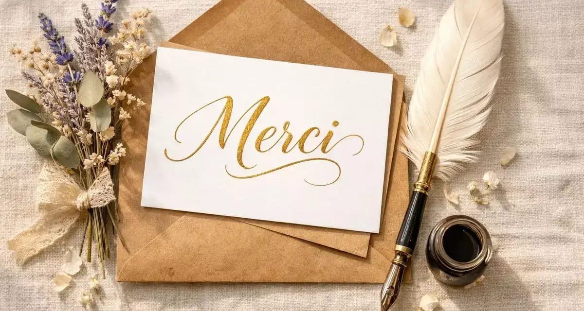 Une carte "Merci" dorée, une plume d'oie, un encrier et un bouquet de lavande sur une enveloppe. Merci pour ta présence dans ma vie.