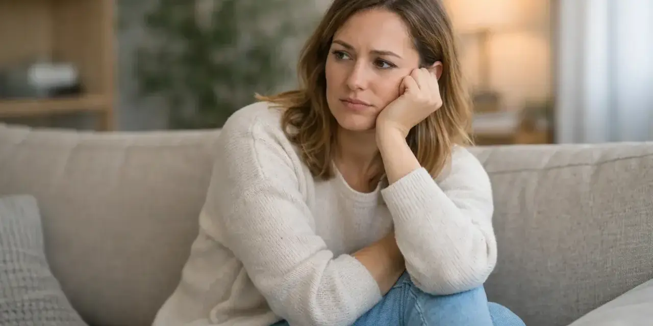 Femme assise sur un canapé, le regard perdu, pensant à quelqu'un qui n'est jamais disponible le week-end.