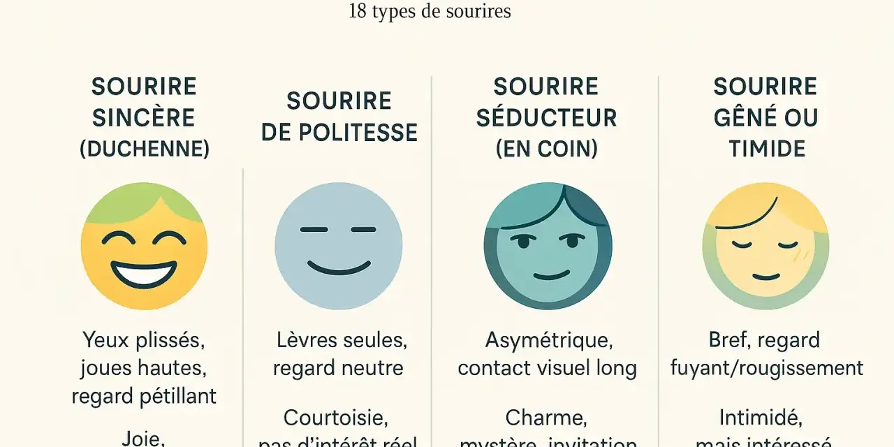 Quatre types de sourires illustrés : sincère, de politesse, séducteur et gêné. Le sourire sincère montre une personne intéressée et joyeuse.