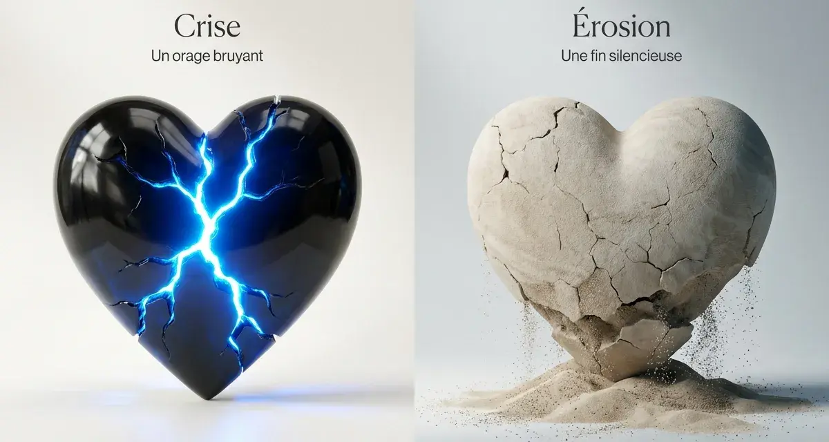 Cœur noir fissuré par des éclairs bleus et cœur en pierre s'effritant en sable. Deux dangers en amour, une crise éclatante et une érosion silencieuse, c'est perdre son temps en amour.