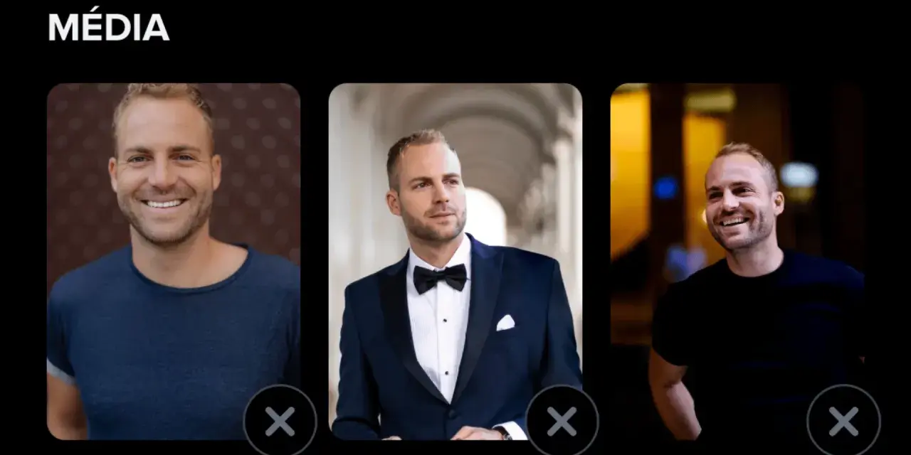 Profil d'un homme souriant, en tenue décontractée, en costume, et en t-shirt noir. Un tinder homme prêt à matcher.