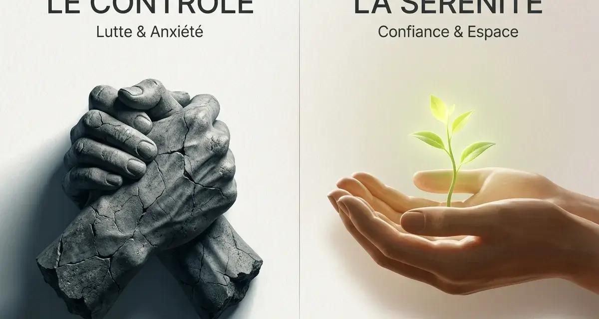 Deux mains en pierre brisée symbolisent le contrôle et l'anxiété. À côté, des mains douces protègent une jeune pousse lumineuse, invitant à apprendre à aimer la sérénité.