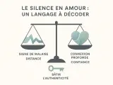 Balance symbolisant le silence en amour : d'un côté, le malaise et la distance ; de l'autre, connexion et confiance. La clé pour bâtir l'authenticité.