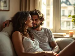 Un couple intime, la lumière douce caresse leurs visages, une scène évoquant la complicité et la libido.