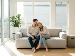 Couple complice sur un canapé, profitant d'un moment de tendresse. Le manque d'intimité dans le couple est ici absent, remplacé par une connexion palpable.