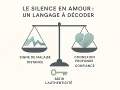 Balance symbolisant le silence en amour : d'un côté, le malaise et la distance ; de l'autre, connexion et confiance. La clé pour bâtir l'authenticité.