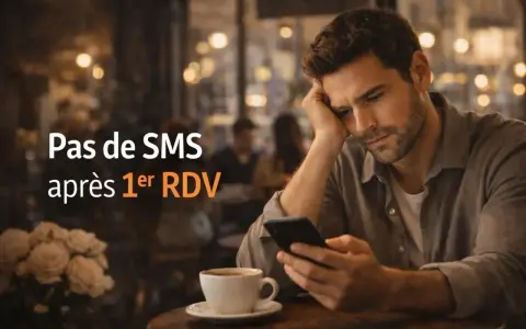 Un homme attend un SMS après son premier rendez-vous, l'air déçu. Qui doit envoyer le premier message ?