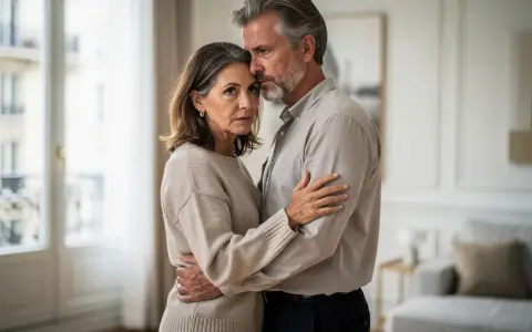 Couple âgé s'étreignant, le regard perdu, une tristesse palpable suggérant un zero libido.