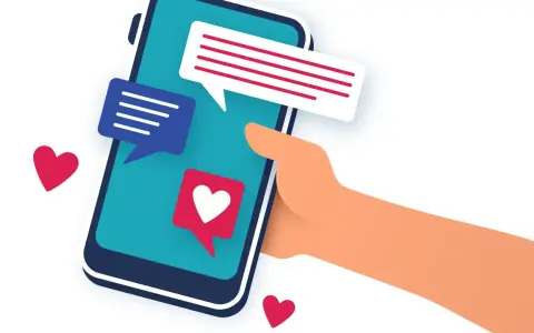 Main tenant une main un smartphone avec des bulles de discussion et des cœurs. L'image évoque le sentiment d'attente et d'espoir après le premier rendez vous.