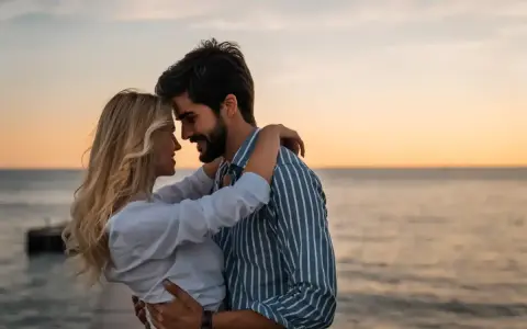 Un couple s'embrasse tendrement au coucher du soleil sur une jetée. Un moment intime pour comment prouver son amour.