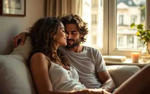Un couple intime, la lumière douce caresse leurs visages, une scène évoquant la complicité et la libido.
