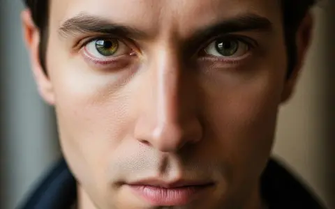 Gros plan sur le visage d'un homme, ses yeux verts fixent intensément, une expression captivante.