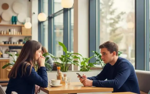 Une jeune femme songeuse, pensant "je suis jolie mais je ne plais pas aux hommes", face à un homme absorbé par son téléphone dans un café.