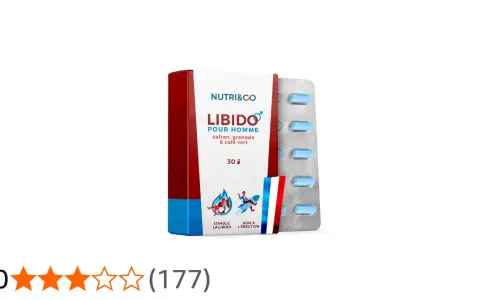 Boîte de "Libido pour Homme" de Nutri&Co, une vitamine pour augmenter la libido chez l'homme, avec sa plaquette de gélules bleues.