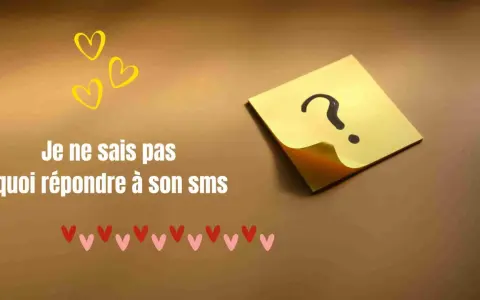 Trois cœurs jaunes flottent au-dessus du texte "Je ne sais pas quoi répondre à son sms". Un point d'interrogation sur un post-it jaune suggère une hésitation. Cela évoque le désir d'être avec toi, signification complexe.