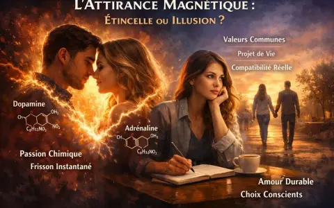 Une personne intense, au regard pensif, médite sur l'attirance magnétique, entre passion chimique et amour durable.